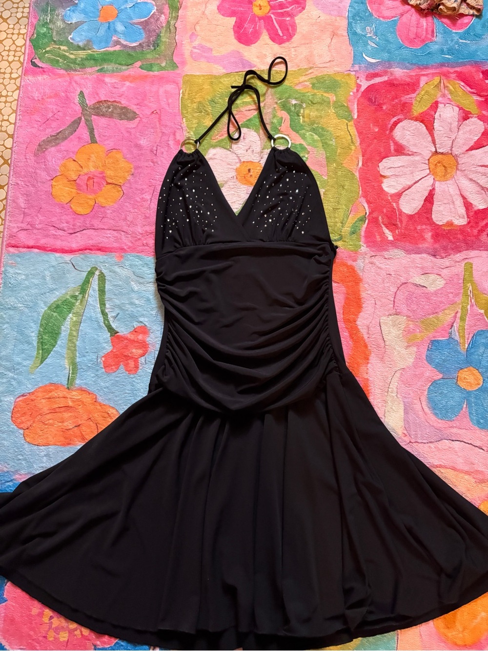 Vintage Y2K Black Halter Rhinestone Ruched Mini Dress M/L - Party Night Out